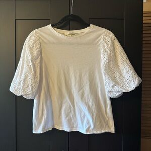 H&M White Puff Sleeve Eyelet Top